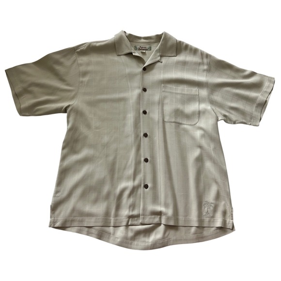 Tommy Bahama Other - Tommy Bahama Mens Silk Camp Shirt Tan Beige Windowpane Plaid Short Sleeve L